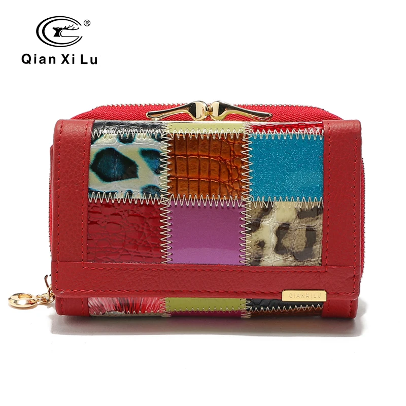 Qianxilu Brand Fashion Genuine Leather Patchwork Wallet Women Small Purse Female Short Design
