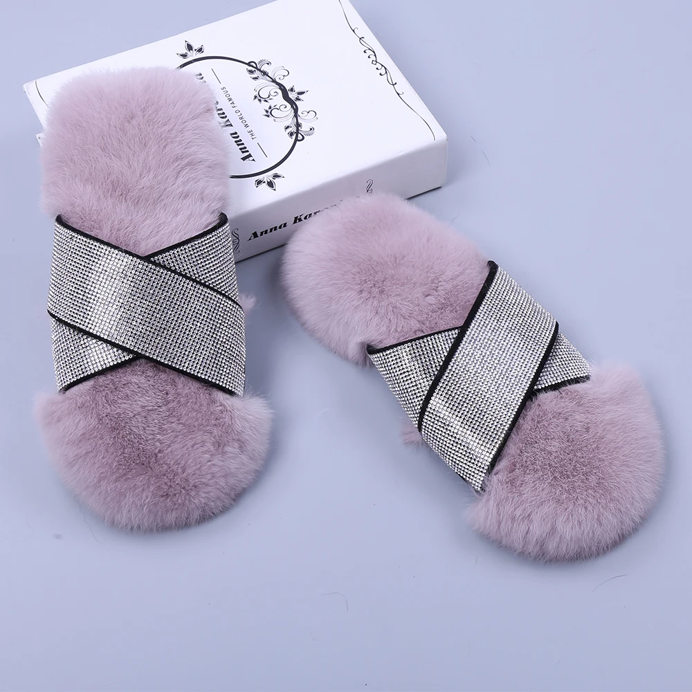 

Winter Lady Rex Rabbit Fur Slippers Real Fur Slides Female Furry Indoor Flip Flops Casual Warm Room Slipper Luxury Plush Shoes