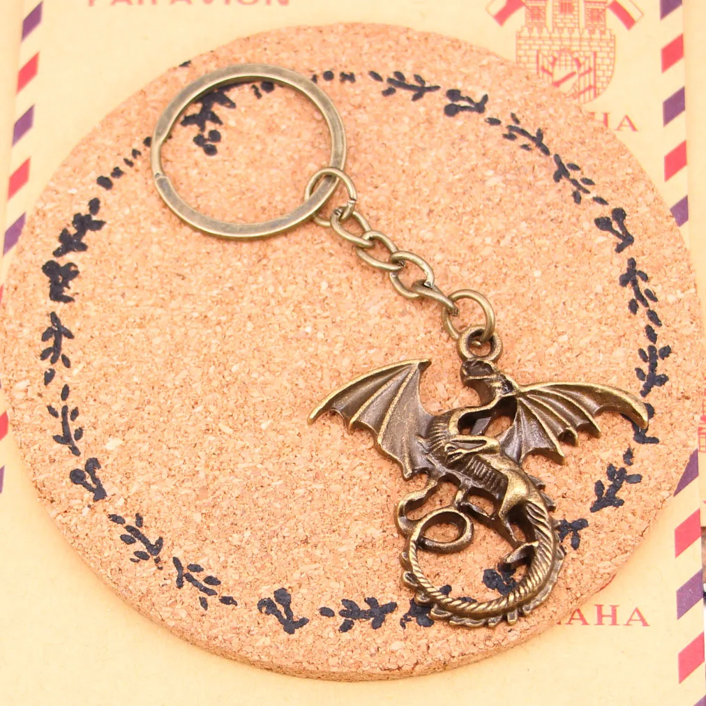 

New Fashion Bronze Pendant Metal Key Chains Accessory,28mm Key Ring Vintage magical winged dragon mythology Keychain