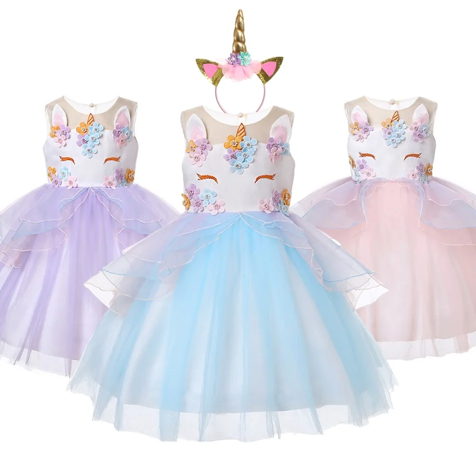 MUABABY костюм принцессы для девочек с единорогом; пышные вечерние длинные платья; Детские платья-пачки без рукавов с вышитыми цветами для дня рождения