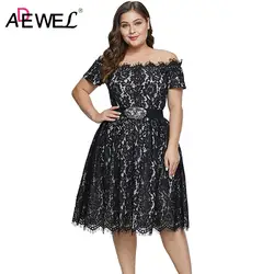 ADEWEL Черная; большого размера кружевное платье с цветочным рисунком женские элегантные летние с открытыми плечами короткий рукав Миди дамы