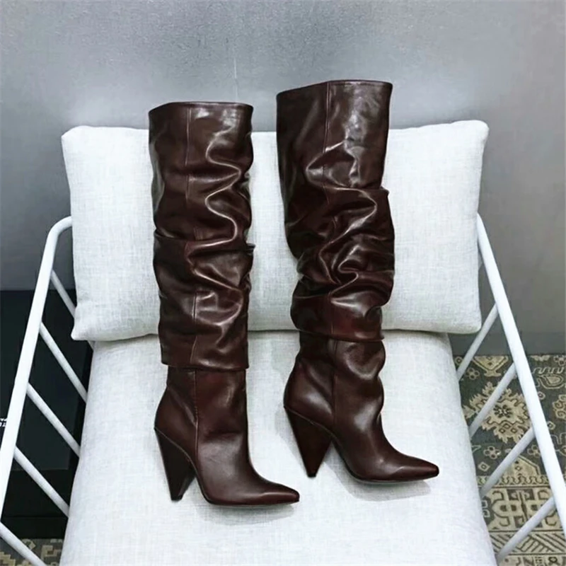 BuonoScarpe Leather Knee High Boots Woman Pointed Toe Strange High Heel Shoes Women Chic Spike Heel Long Pleated Boots New