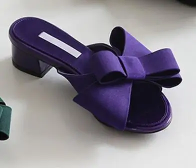 Летняя шелковая обувь с бантом; женские сандалии с большим бантом; шлепанцы на низком Плоском Каблуке; женские Вьетнамки с бантом; сандалии с квадратным носком; шлепанцы без задника - Цвет: 3.5cm Heels Purple