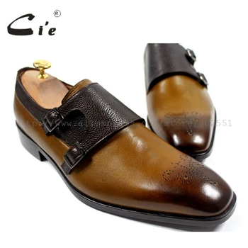 

cie Square Toe Cut-outs Hand-painted Brown Calf Leather Matching Pebble Grain Double Monk Straps Leather Bottom Outsole MS24
