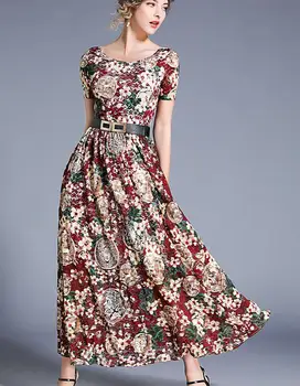 

High Quality Elegant Plus Size S-3XL 2019 Spring New Arrival Round Collar Flower Printed Short Sleeve Woman Long Lace Dress