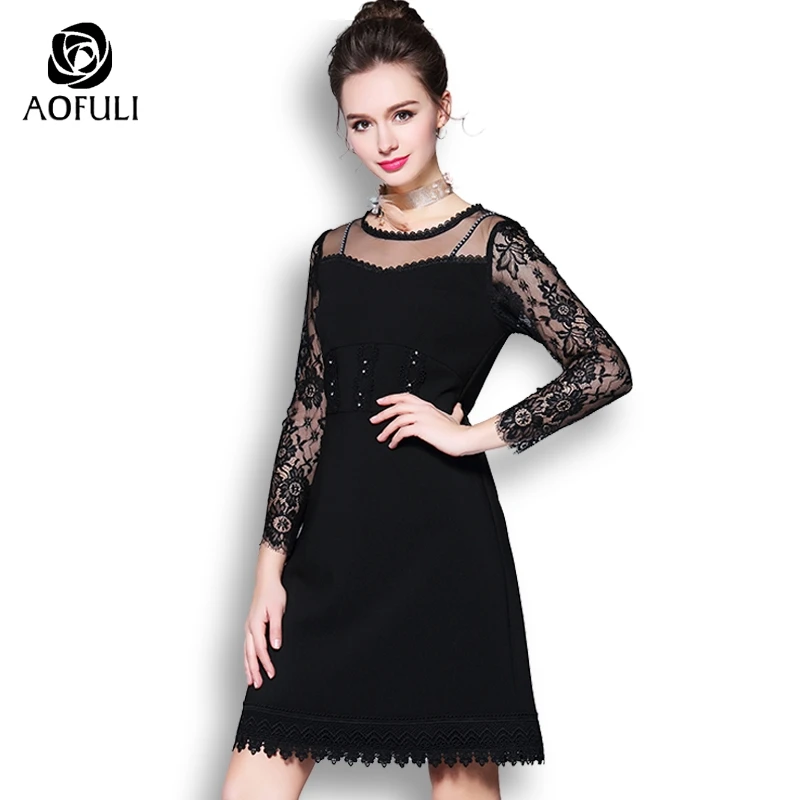 

AOFULI Sexy Small Black Dress For Party Dinner Beadings Long Sleeve Lace Patchwork A-line Short Dress L- XXXL 4XL 5XL 9016