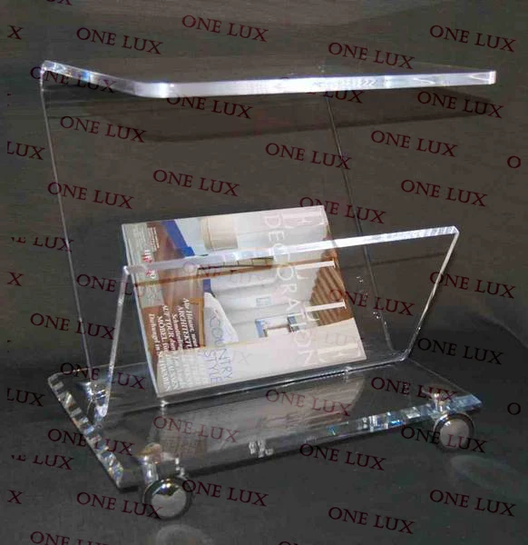 

Rolling Acrylic magazine side table Cart,Lucite coffee table on wheels ONE LUX
