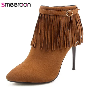 

Smeeroon 2018 wholesale ankle boots for women flock high heels autumn winter boots simple zipper fashion sexy prom shoes woman