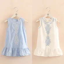 Hot Summer 2-10 Years Old Brief Kids Lace Embroidery Flower Floral Sleeveless Flounce Vest Tank Sundress Girls Dress Cotton