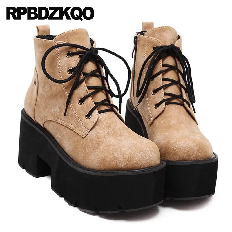 Harajuku Black Muffin Platform Flatform High Heel 2021 Side Zip Boots Booties Women Chunky Flat Brown Shoes European Lace Up | Обувь