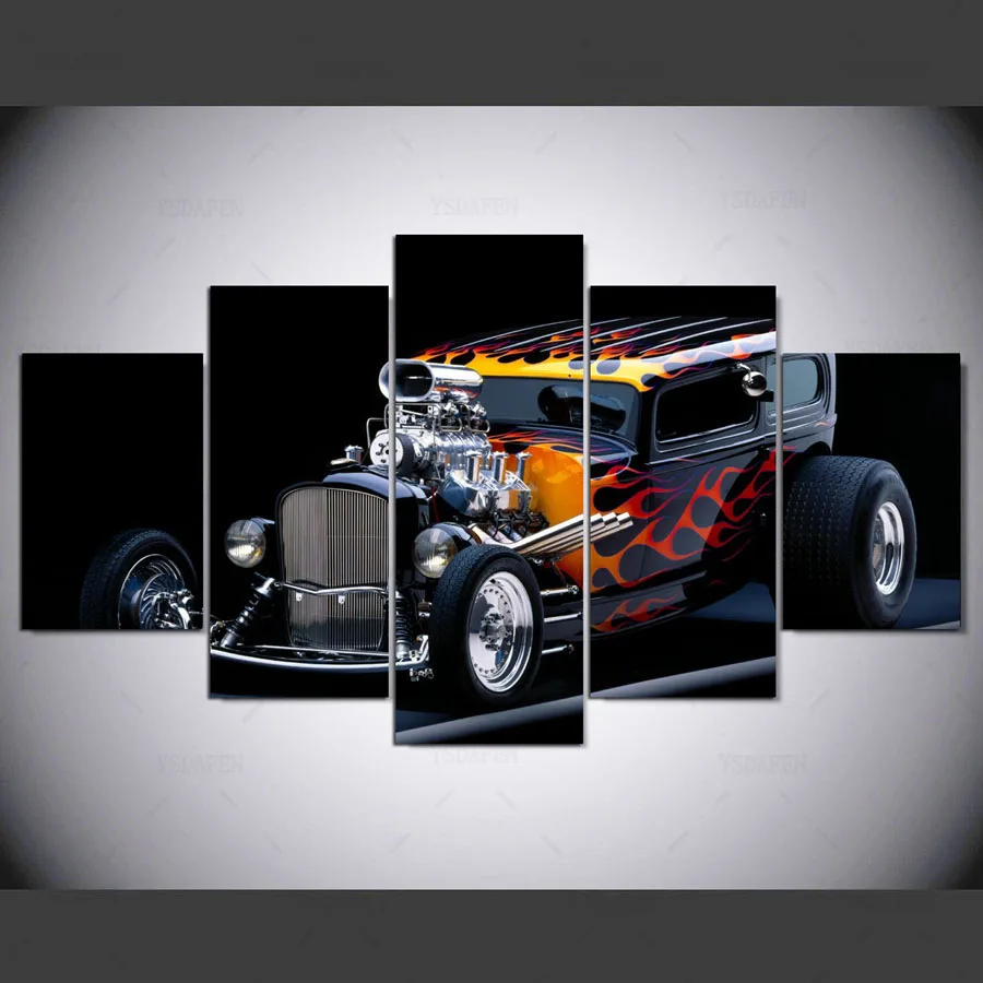 YSDAFEN 5 piece canvas art HD Printed hot rod car poster canvas