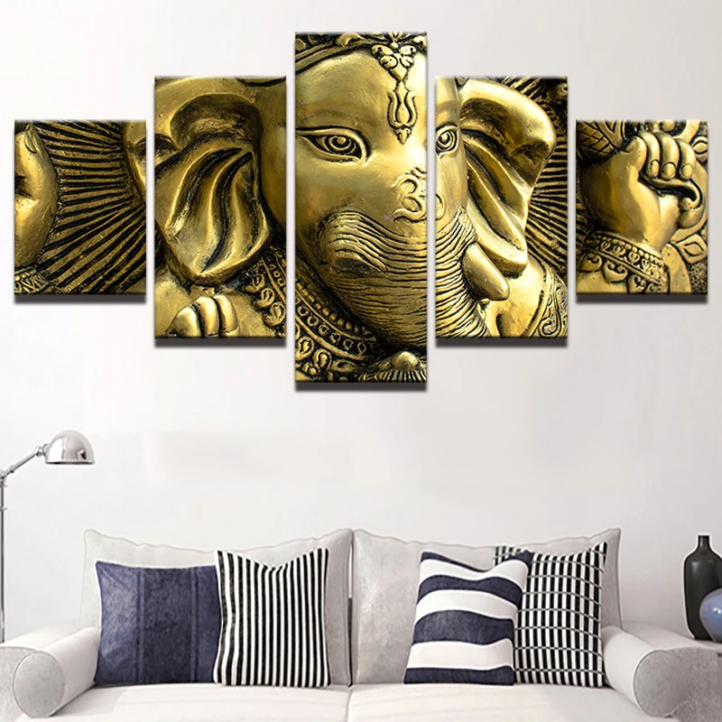Canvas Wall Art Pictures Home Decor Living Room HD Printed 5 Piece India Elephant Head God Ganesh Painting Modular Poster