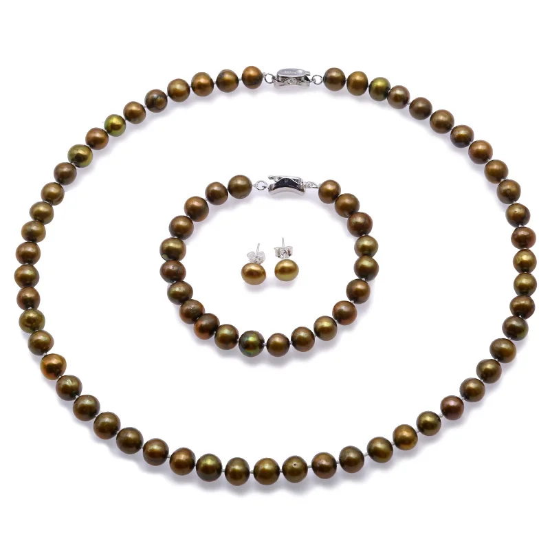 

7.5-8.5mm Pearl Necklace Set peacock Gree Round Cultured Freshwater Pearl Necklace Bracelet and Earrings Set Wedding Jewelry