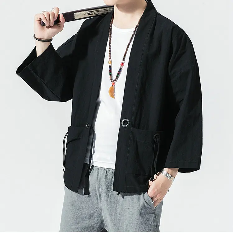 Летняя мужская одежда для защиты от солнца в стиле Харадзюку, кимоно, повседневные мужские куртки, открытая стежка, одноцветная мужская куртка в китайском стиле, верхняя одежда