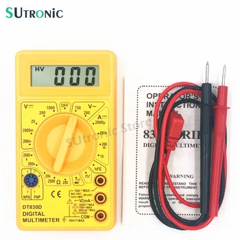 

DT-830D Mini Digital Multimeter Buzzer Overload protection Square Wave Output Voltage Ampere Ohm Meter Probe DC AC LCD Yellow