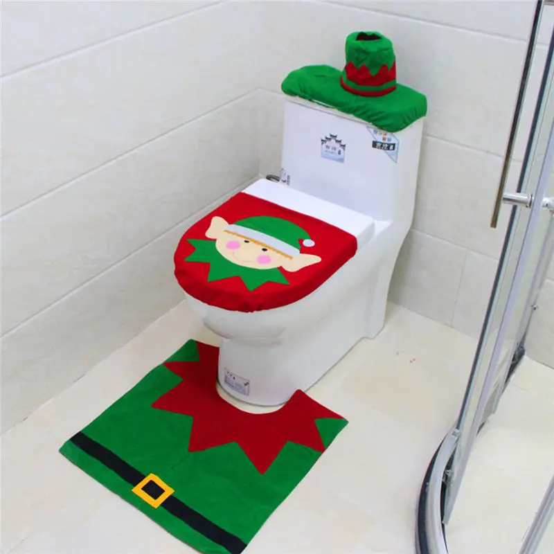 

3pcs/Set Eco-Friendly Snowman Elf Elk Toilet Seat Cover Set With Toilet Foot Pad Radiator Cap Christmas Bathroom Decorations