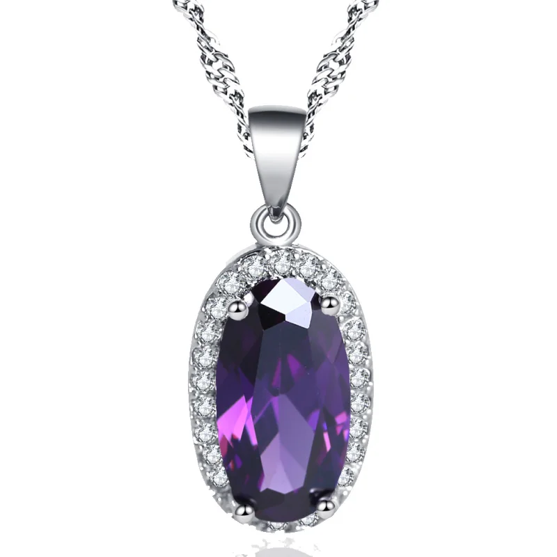ROLILASON, роскошный дизайн, элегантный набор овальной формы для девочек, фиолетовый циркон, 925 серебро, серьги, ожерелье, кольца, ювелирные наборы JS757