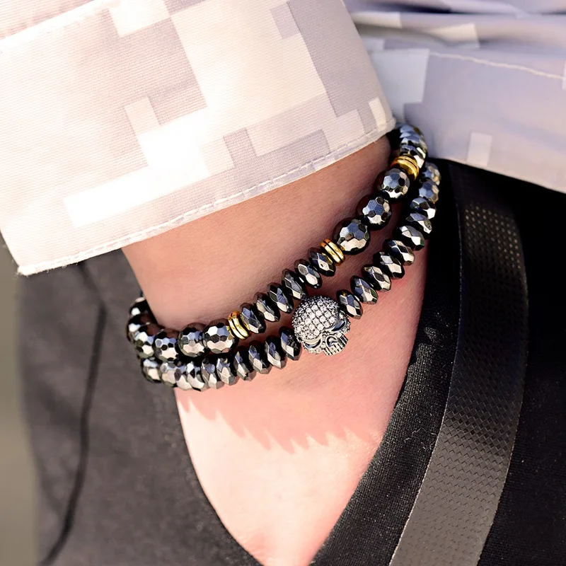 

Amader Charm White CZ Skeleton Head Hematite Beads Bracelets Homme Men Stretch Bracelet Jewelry Pulseira Dropshipping AB663