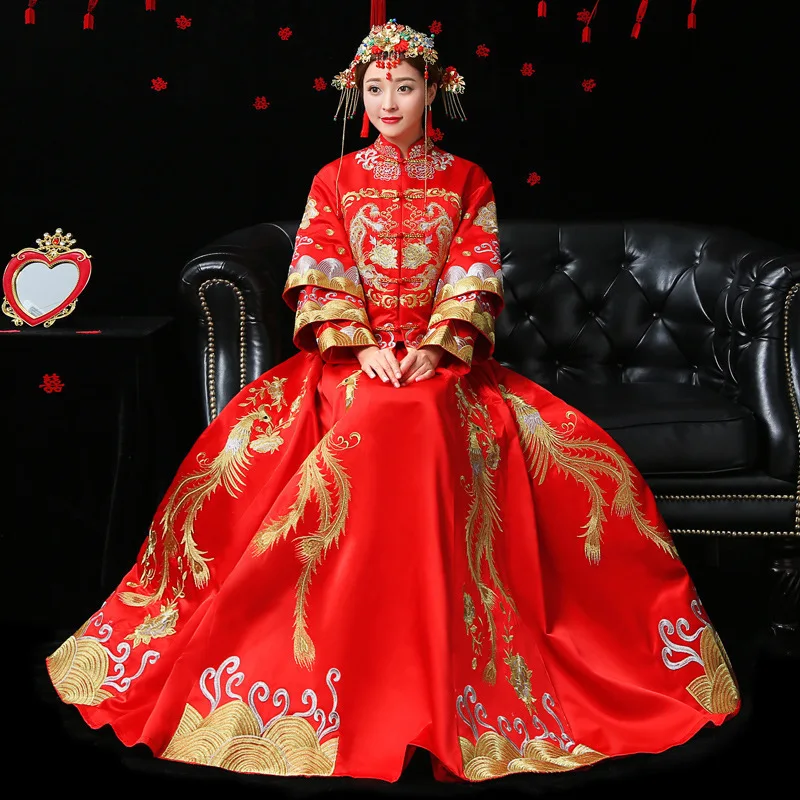 Модные женские туфли феникс вышивка Cheongsam Длинные Qipao Китайский традиционный свадебное платье свободные Винтажные наряды Vestido Oriental
