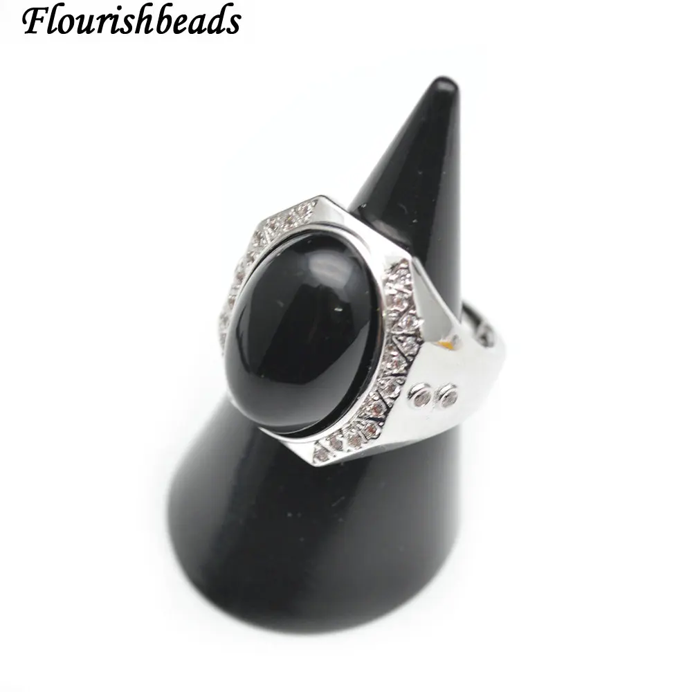 

Rhodium Silver color Gemstone Unisex Rings Natural Agate Tiger Eye Cabochon CZ Beads Setting Party Jewelry Size Adjustable Bands