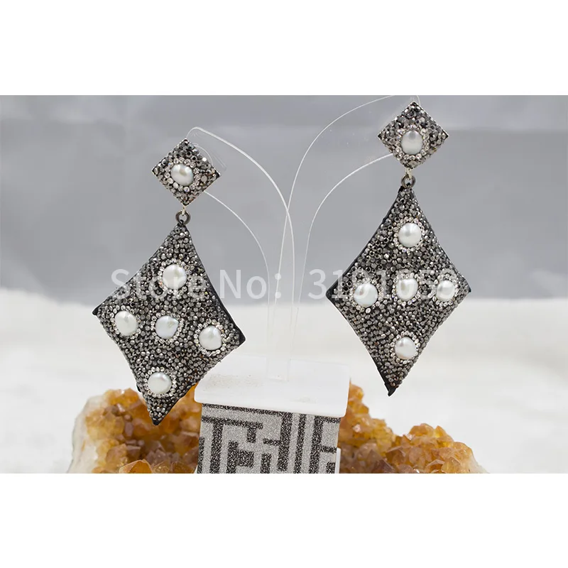 

Freshwater Pearl Geometric exaggeration pearl Drop earring Pave Rhinestone woman vintage with earrings