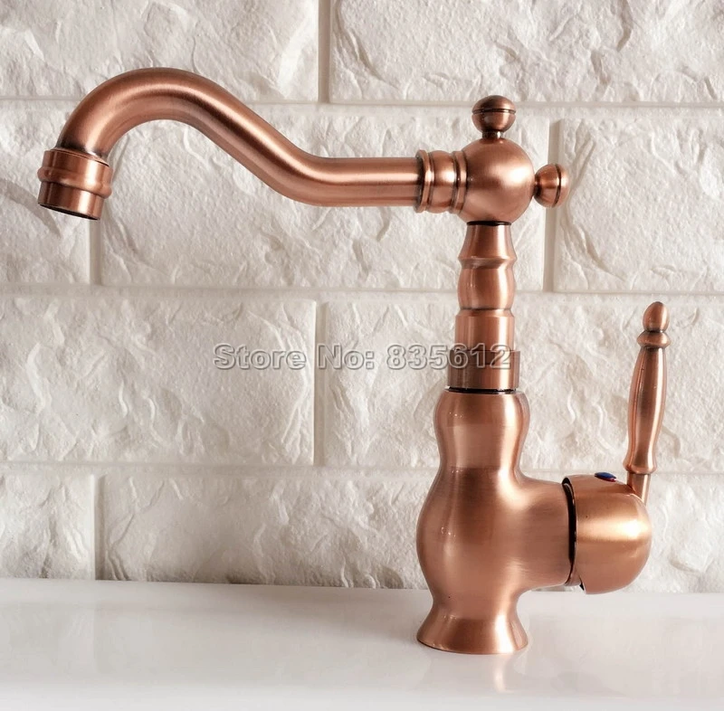 

Red Copper Swivel Spout Bathroom Faucet Wash Basin Mixer Sink Faucets Deck Mount Single Handle Cold & Hot Water Mixer Tap Wnf404