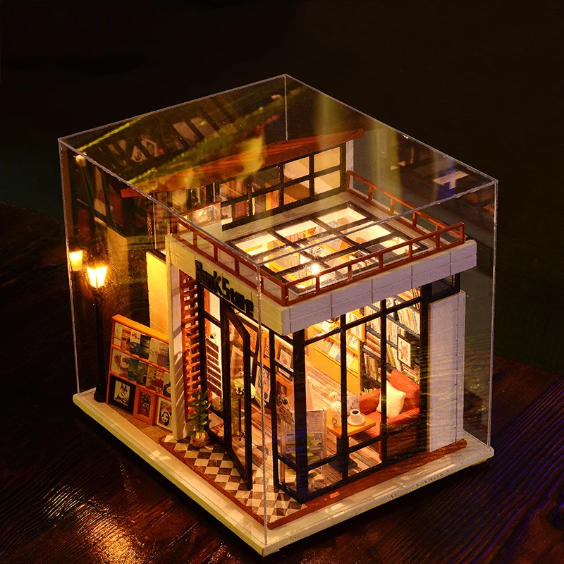 Миниатюрный Кукольный домик мини Каса DIY Кукольный дом с мебелью светодиодный светильник книжный магазин дом модель подарок игрушки для взрослых детей# E