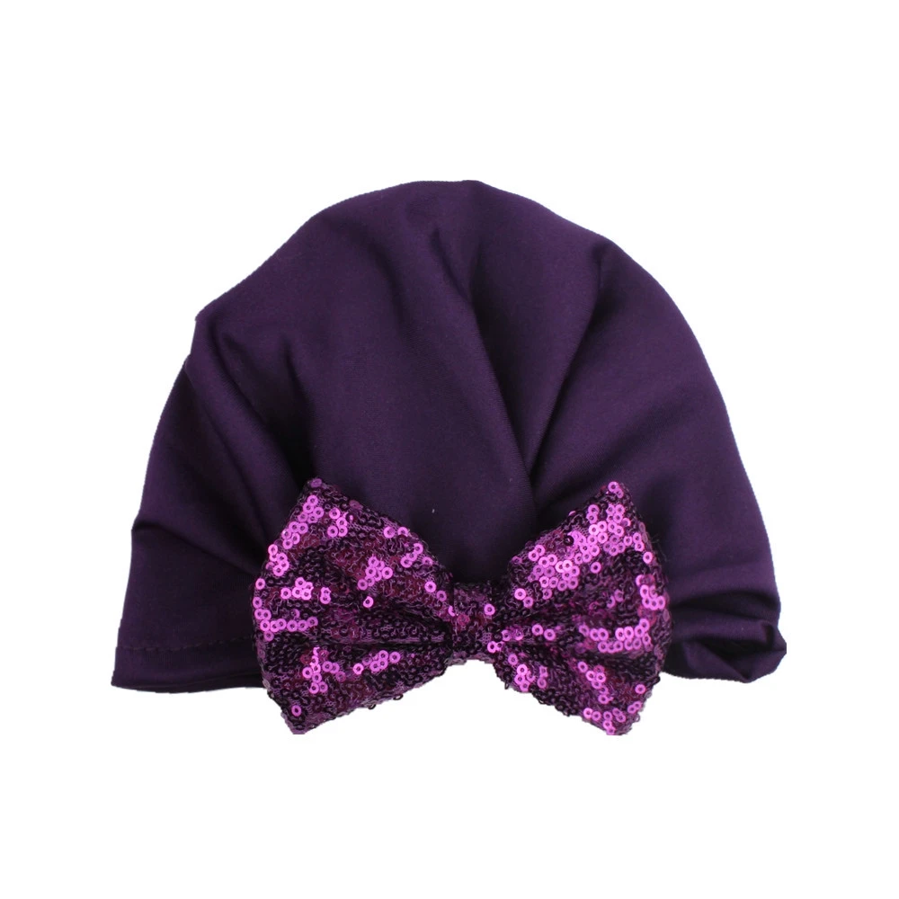 Шапочка для малыша, девочки для девочек, хлопок, блестки, чалма с бантиком, Bebe, яркие цвета, зима-осень, Muts для малышей - Цвет: purple baby turban