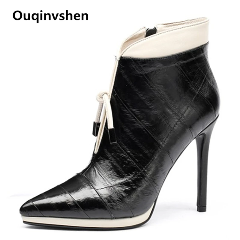 

Ouqinvshen Cross-tied Mixed Colors Platform Boots Fashion Sexy Party Autumn Black Ankle Boots Pointed Toe Zipper Boots Heels