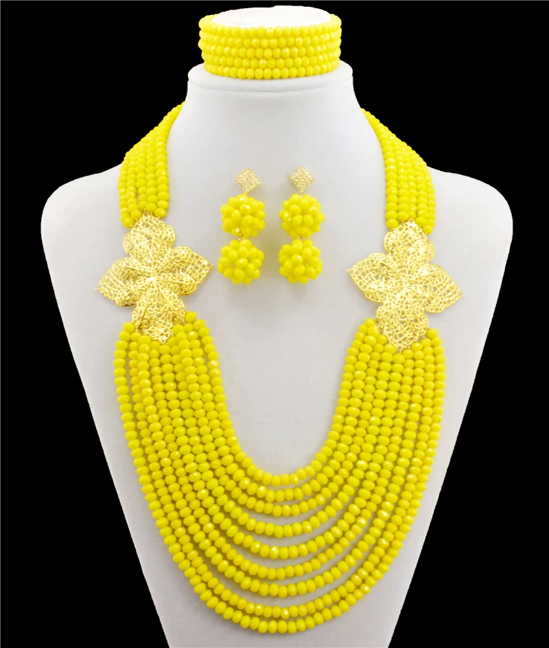 Gorgeous! Yellow Crystal Costume Necklaces Nigerian Wedding African Beads Jewelry Set NC1797