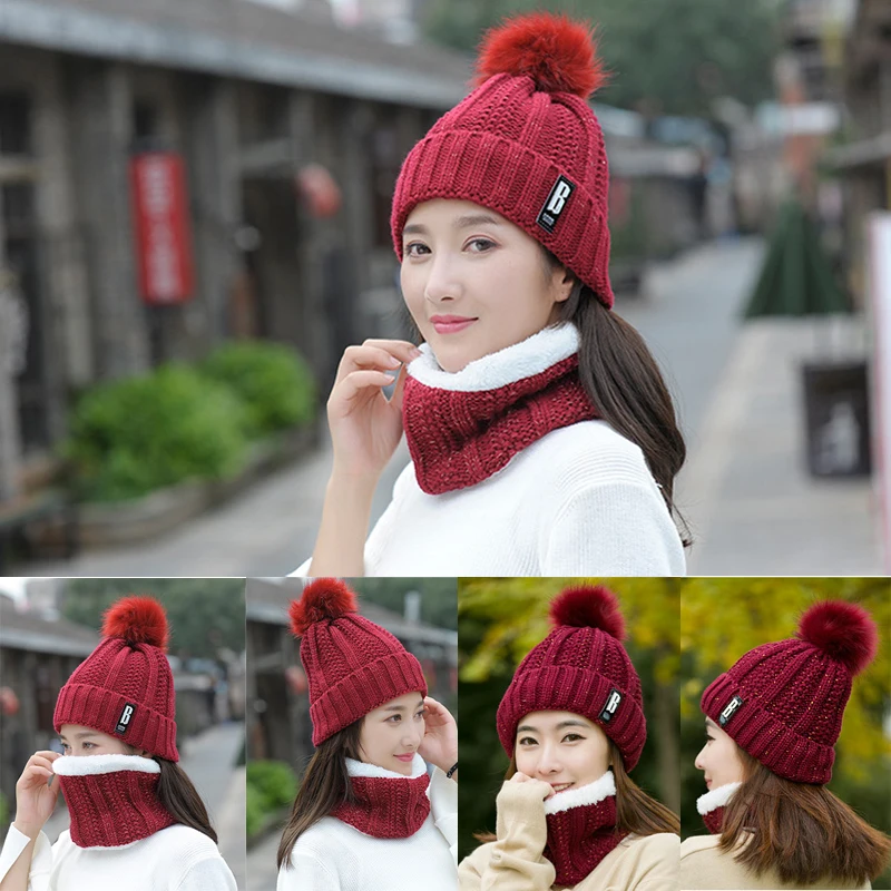 Модный осенне-зимний женский шапка шапки вязаный шерстяной Теплый шарф толстый ветрозащитный Балаклава Мульти Функциональная шапка шарф