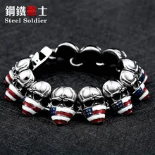 Стальной солдат Прямая крутой панк череп с американским флагом bracelee 316 нержавеющая сталь для мужских ювелирных изделий