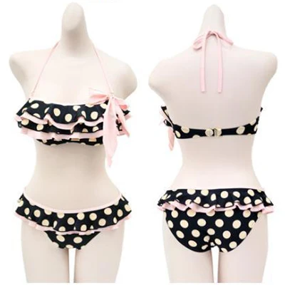 

Set Women\'s Swimsuit Push up Halter Bikini Top&Bottom Ruffle Pink Polka Dot Swimsuit