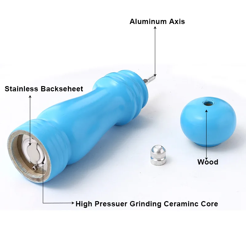 " деревянная мельница для перца из твердой древесины и регулируемая керамическая мельница для соли и перца, синяя