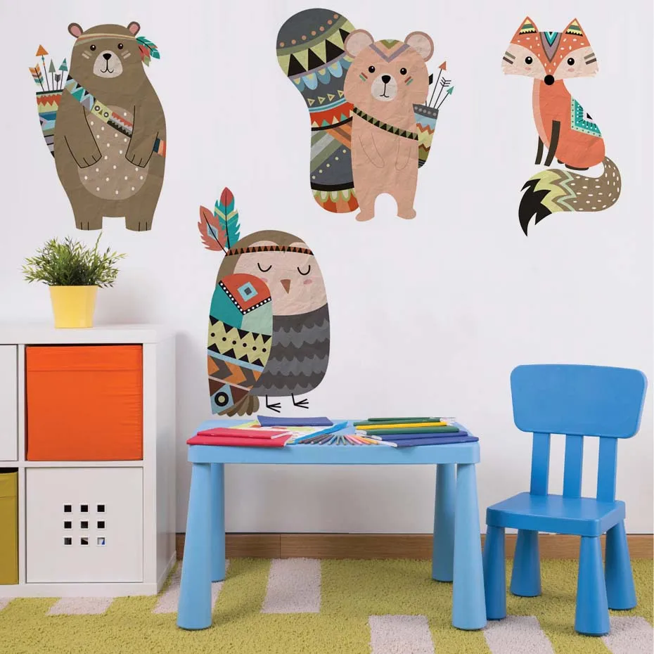 Милая лиса Медведь Наклейка на стену сова набор Лесной животных сосны стены стикеры для детской комнаты детская комната обои Декор