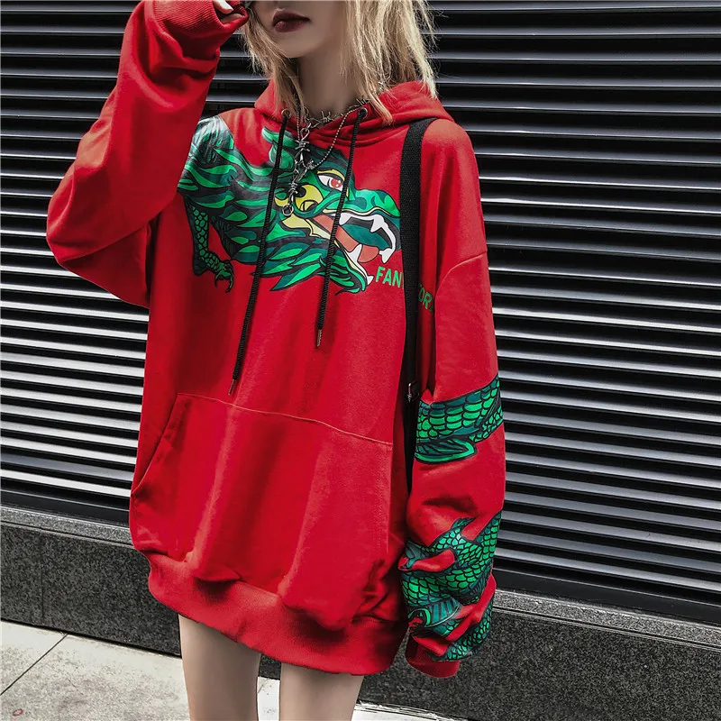 Женский свитер и худи с принтом дракона, осень 2019, худи в уличном стиле, большие худи, женские черные/красные