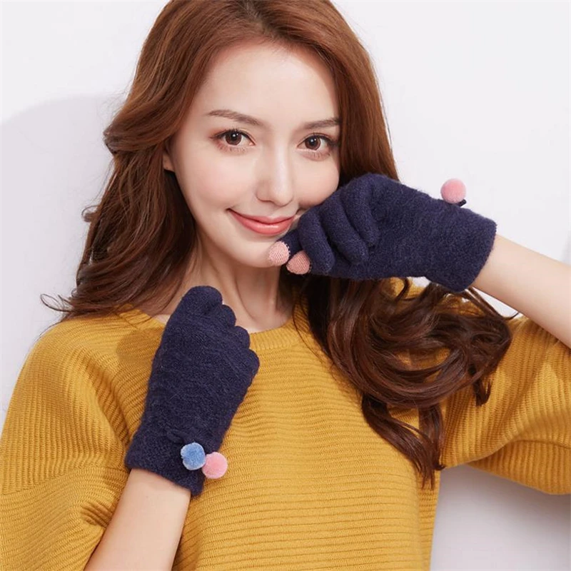 DoreenBow New Fashion Women Autumn Winter Pom Pom Gloves Mittens Female