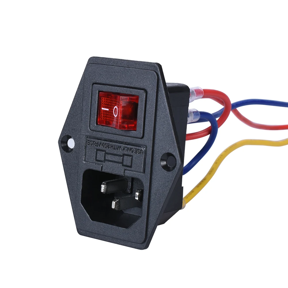 BZ 3D New Version 15A 250V 3D Printer Rocker Switch Power Socket Inlet Module Plug 5A Fuse Switch with 3Pcs 16-14 AWG Wiring 3 Pin 2PC