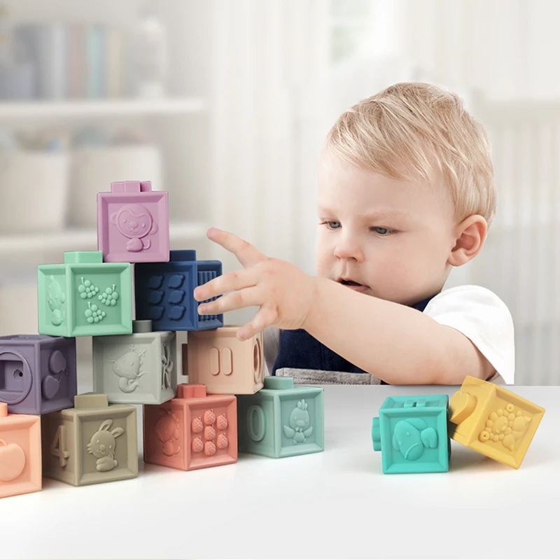 12 шт./компл. Детские хватать игрушки строительные блоки 3D сенсорный экран руки и пушистыми помпонами для малышей массажные с резиновым покрытием Прорезыватели для зубов резиновые игрушки для ванной мяч надувные игрушки