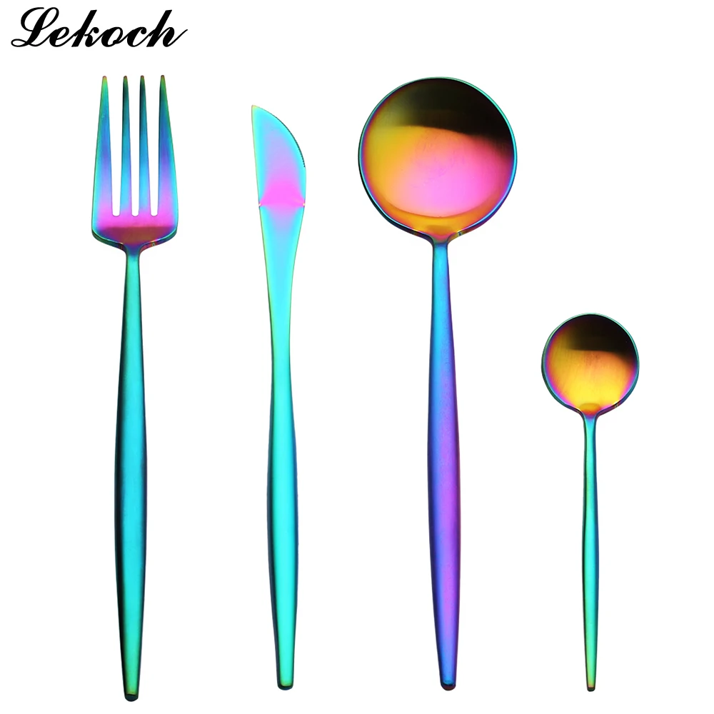 

4 16 24 Pieces/Lot Colorful Dinner Set Wedding Travel Cutlery Set 18/10 Stainless Steel Dinner Knife Fork Scoops Silverware Set