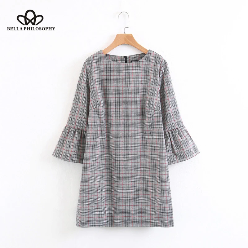 Wonder 2019 new spring women vintage three quarter sleeve  dress basic plaid flare sleeve o-neck above knee dresses