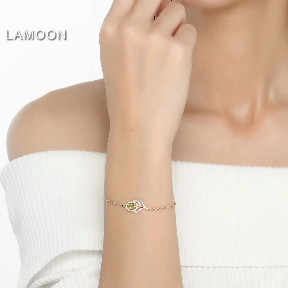 LAMOON Classic Leaf 100% Natural Oval Green Peridot Sterling Silver Jewelry Rose Gold Plated Chain Charm Bracelet S925 LMHI030