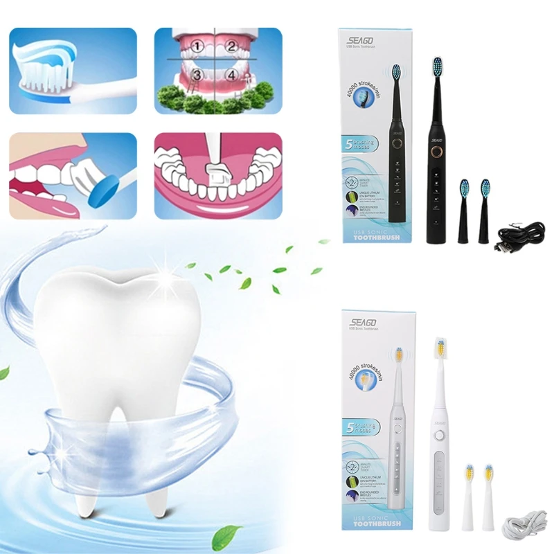 

Seago SG-507 Sonic Electric Toothbrush Timer Brush USB Charge Rechargeable Tooth Brushes for Adult with 3pcs Replacement Heads