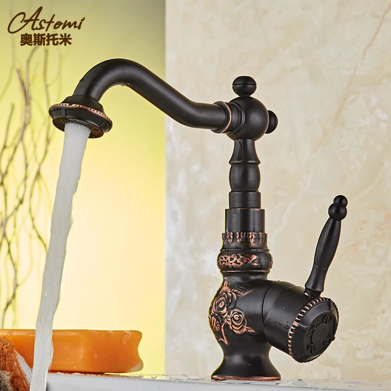 

AUSWIND European Dark Copper Rotary Water Tap Faucet Basin Carved Bathroom Retro Single Handle Single Hole Heightening Section