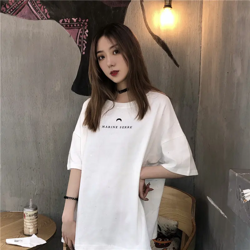 

2019 summer Cotton Long section Women's t-shirt Modis Harajuku Korean Melinda style Starry sky moon Print Oversized Tees Tops