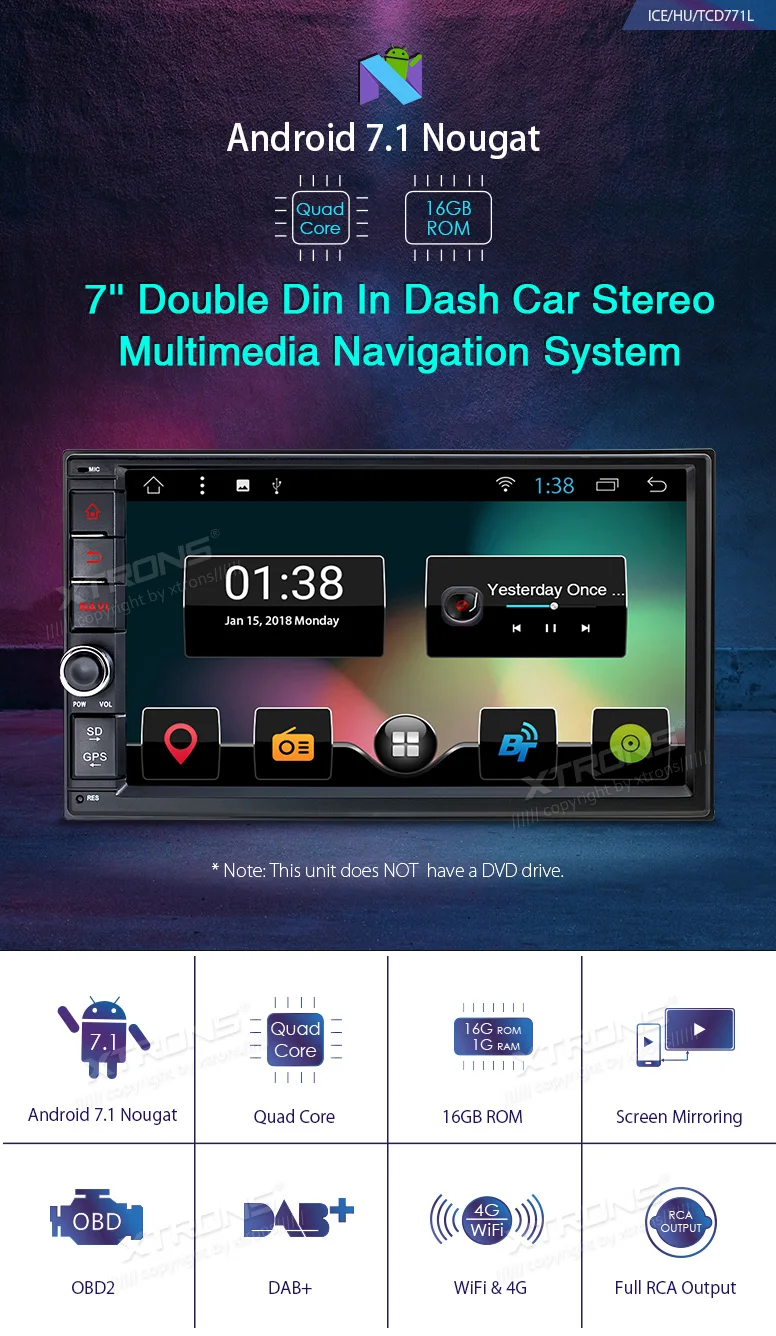 Best XTRONS 7 inch Android 7.1 Radio In Dash Universal Car Stereo Autoradio Player OBD DAB+Tuner GPS Navigate Steering Wheel No DVD 0