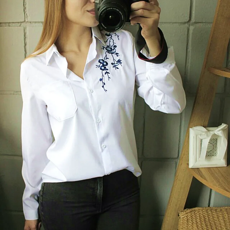  ih Floral Embroidery Striped Blouse Women Long Sleeve Shirt And Tops Casual Cotton Blusa Plus Size 