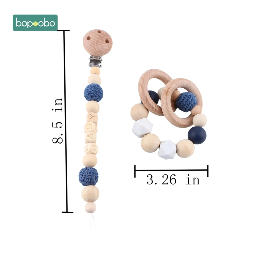 Bopobo Детские Силиконовые Прорезыватели, деревянные кольца, браслет, соски, держатели на цепочке, Прорезыватель для зубов, игрушка, коляска, цепь, деревянная детская игрушка-прорезыватель - Цвет: Blue Set 1