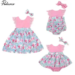 Pudcoco/детский комплект одежды из 2 предметов для маленьких девочек 0-24 месяцев, платье принцессы с цветочным принтом, кружевной комбинезон +