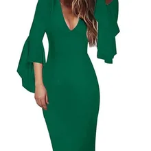 Новое летнее платье зеленое сексуальное платье с глубоким v-образным вырезом и роговым рукавом
